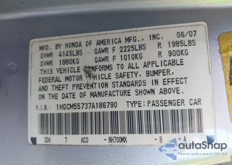 2007 Honda Accord 2.4 Ex z USA, uszkodzony, nr VIN 1HGCM55737A186790
